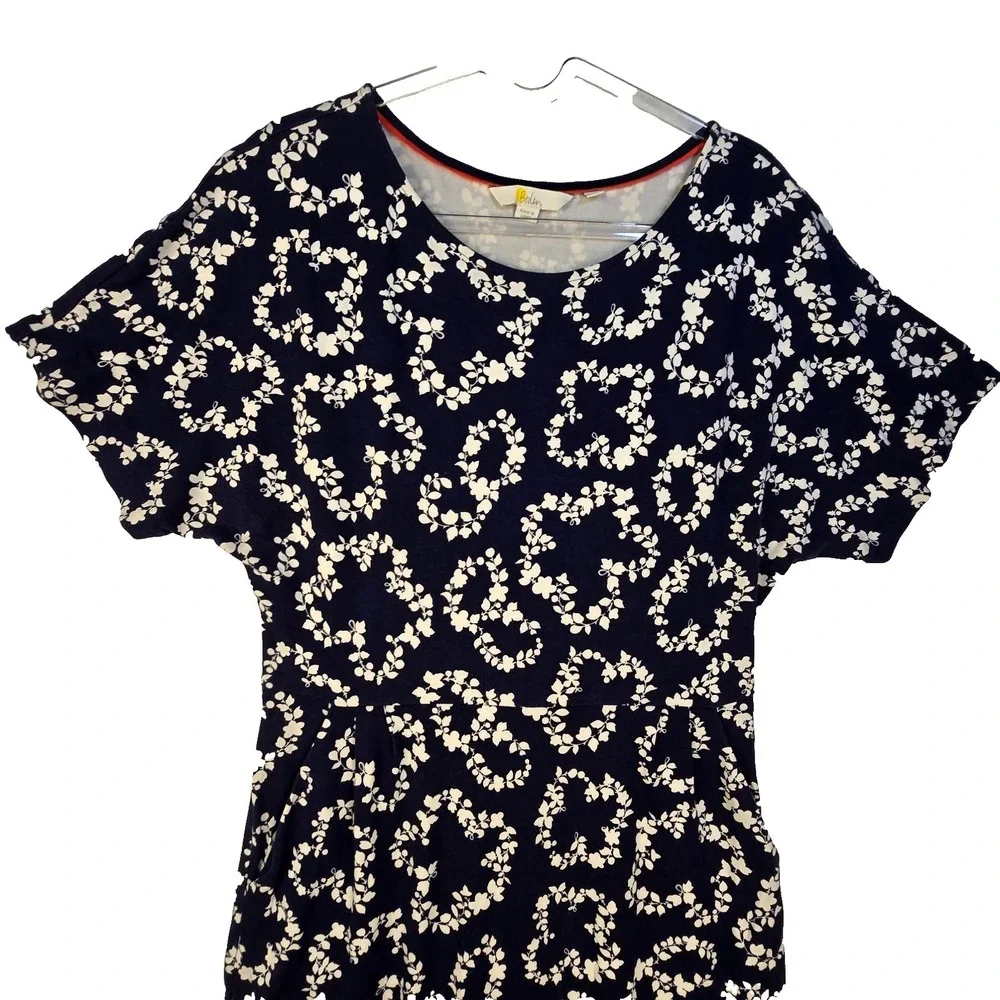 Boden Soft Jersey Navy Midi Dress Sz 10R Boho Comfort Celestial Coastal Tropical